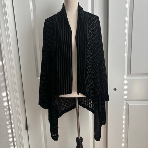Max Studio Black Silk Blend Velvet Burnout Open Front Draped Cardigan Sz L - Picture 2 of 10